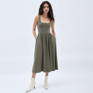 Wilfred Free TENCEL Lyocell Midi Dress Olive Green A-Line Pockets Size S